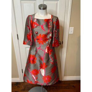 Lourdes Chaves Black White Gingham Plaid Floral Short Sleeve Dress, Size 8